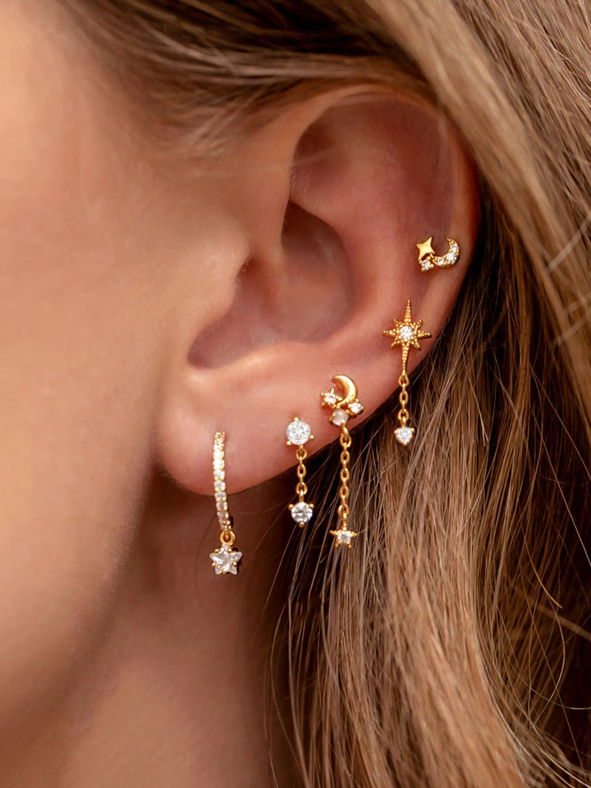 AMARE Ensemble de Boucles d'Oreilles Rayons de Lune et Etoiles en Strass 5 Pièces