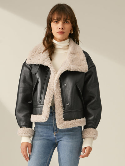 Veste de vol en cuir de mouton retourné doublée de sherpa 