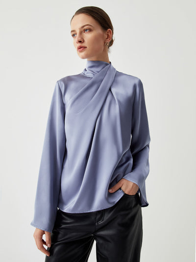 Chemise en satin à col roulé plissé asymétrique 