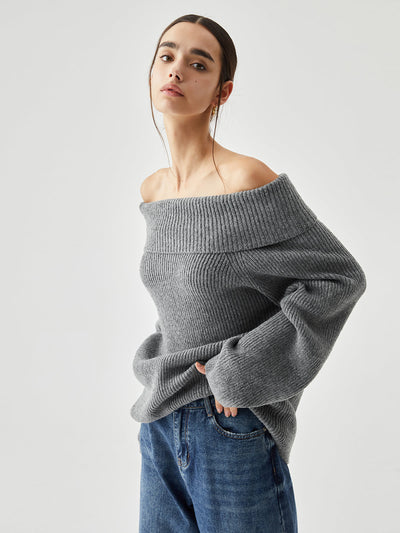 Pull oversize en tricot à épaules dénudées et à revers 