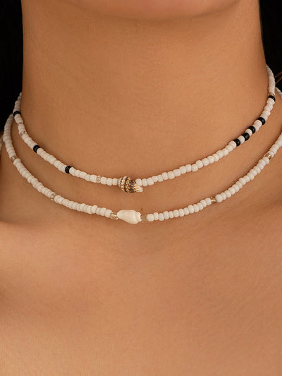 AMARE Collier Choker Séparable 2 Couches Perles et Coquillage Conque