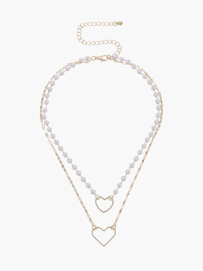 Double Layer Pearl Heart Pendant Necklace