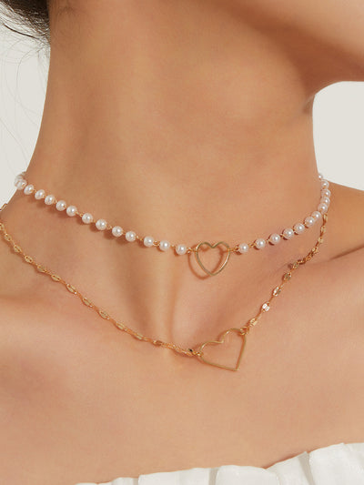 Double Layer Pearl Heart Pendant Necklace