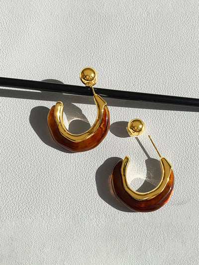 AMARE Boucles d'Oreilles Clous Hoop Demi-Cercle Rétro en Résine Marron