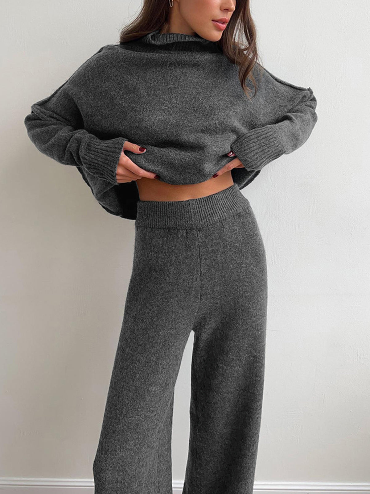 Ensemble pantalon en tricot à col roulé uni 