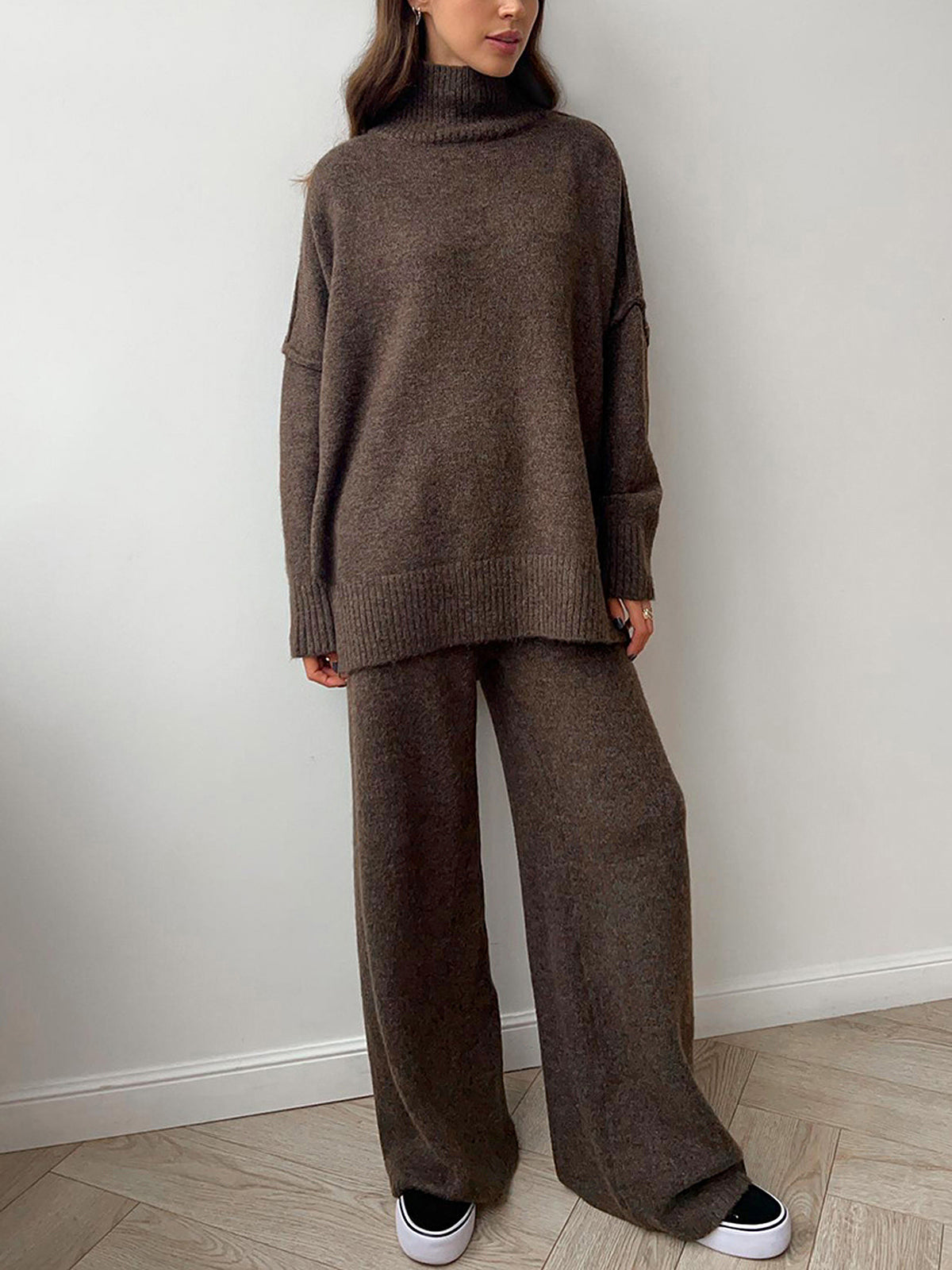 Ensemble pantalon en tricot à col roulé uni 