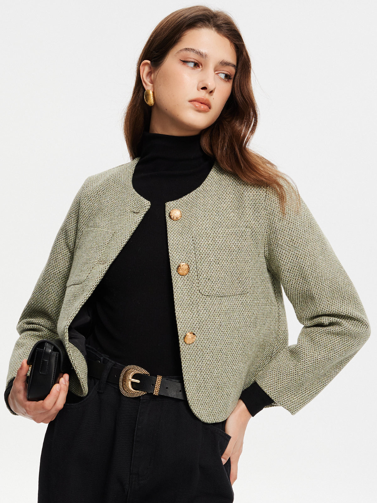 Veste en tweed à col rond et poches 