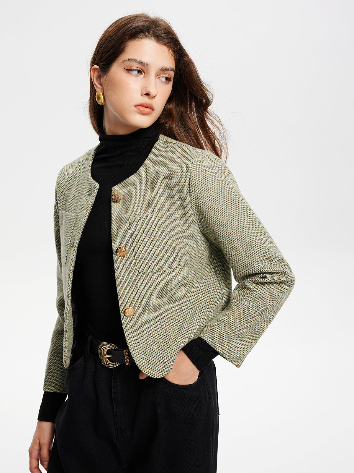 Veste en tweed à col rond et poches 