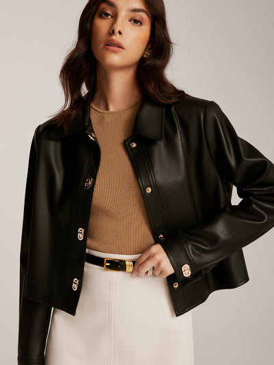 Veste courte en cuir PU avec boutons métalliques 