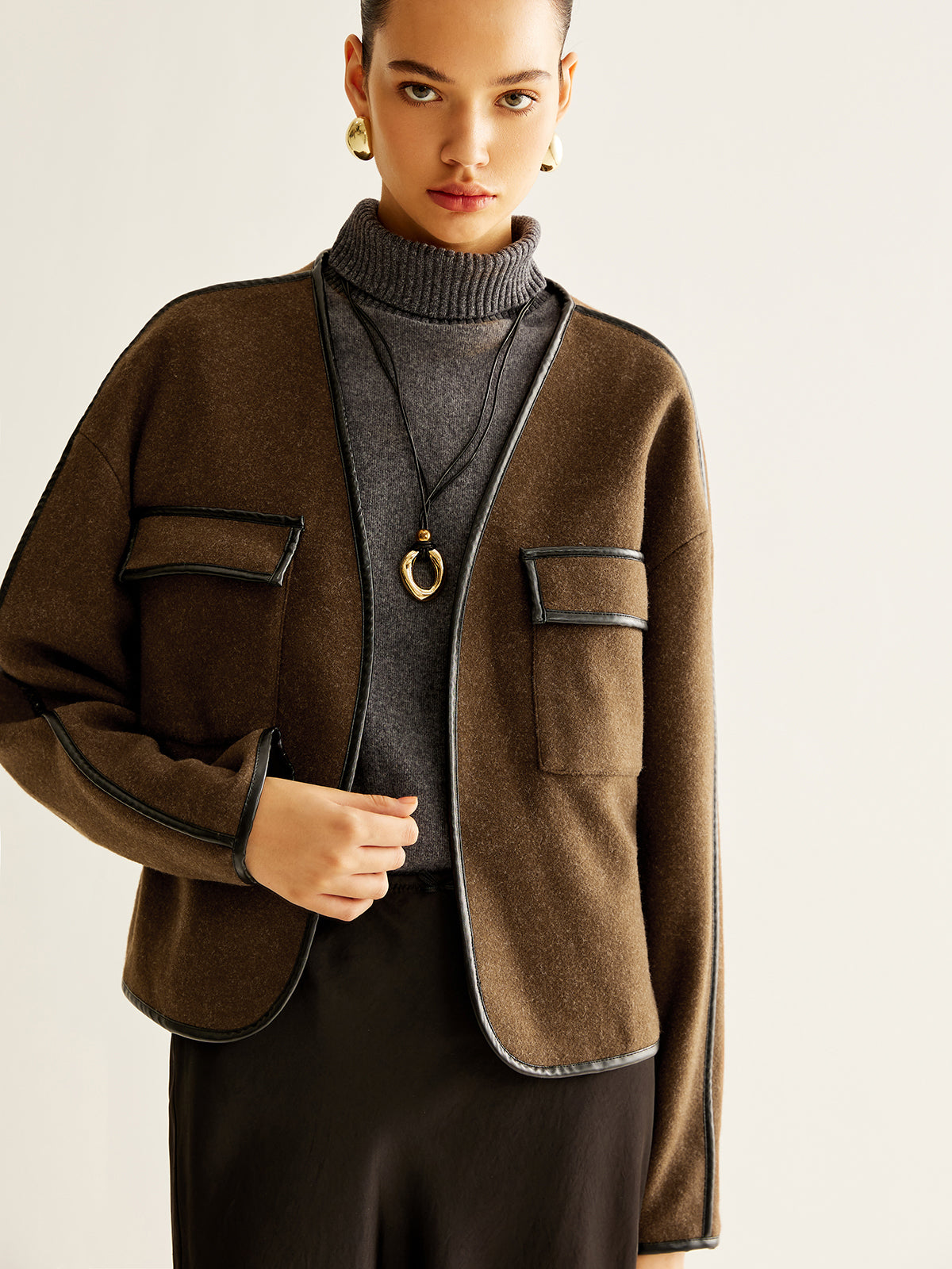 Manteau en tweed à bordure contrastée pour loisirs 