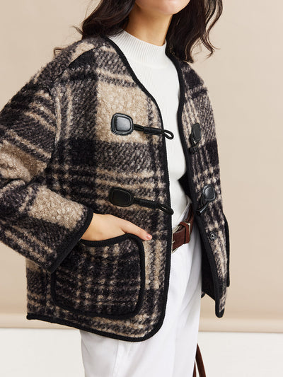 Manteau en tweed à carreaux avec bordure contrastante 