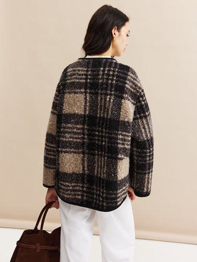 Manteau en tweed à carreaux avec bordure contrastante 