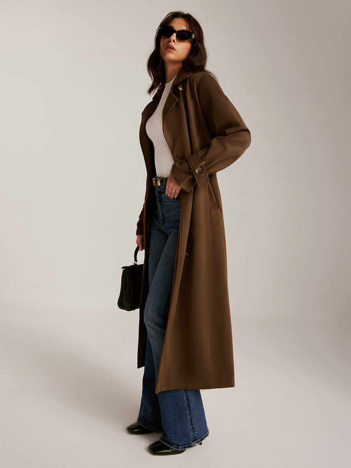 Trench-coat long à boutons et ceinture en daim 