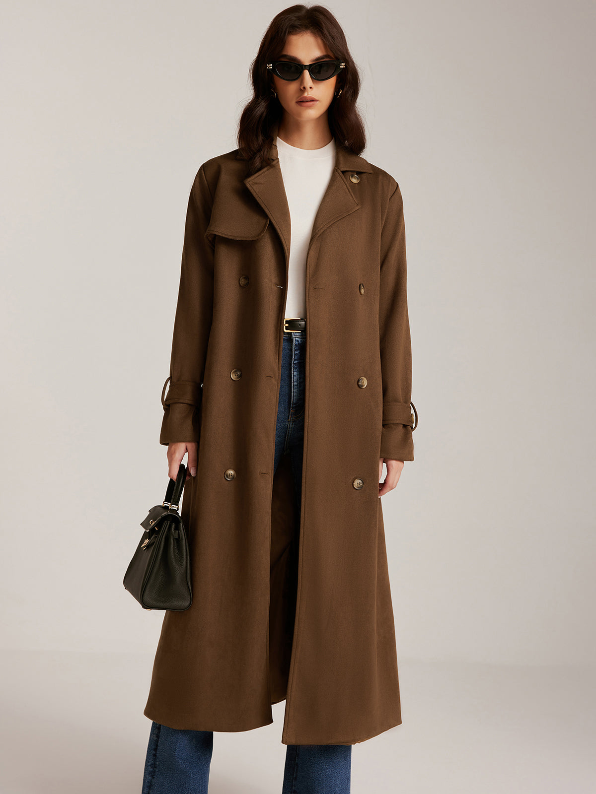 Trench-coat long à boutons et ceinture en daim 