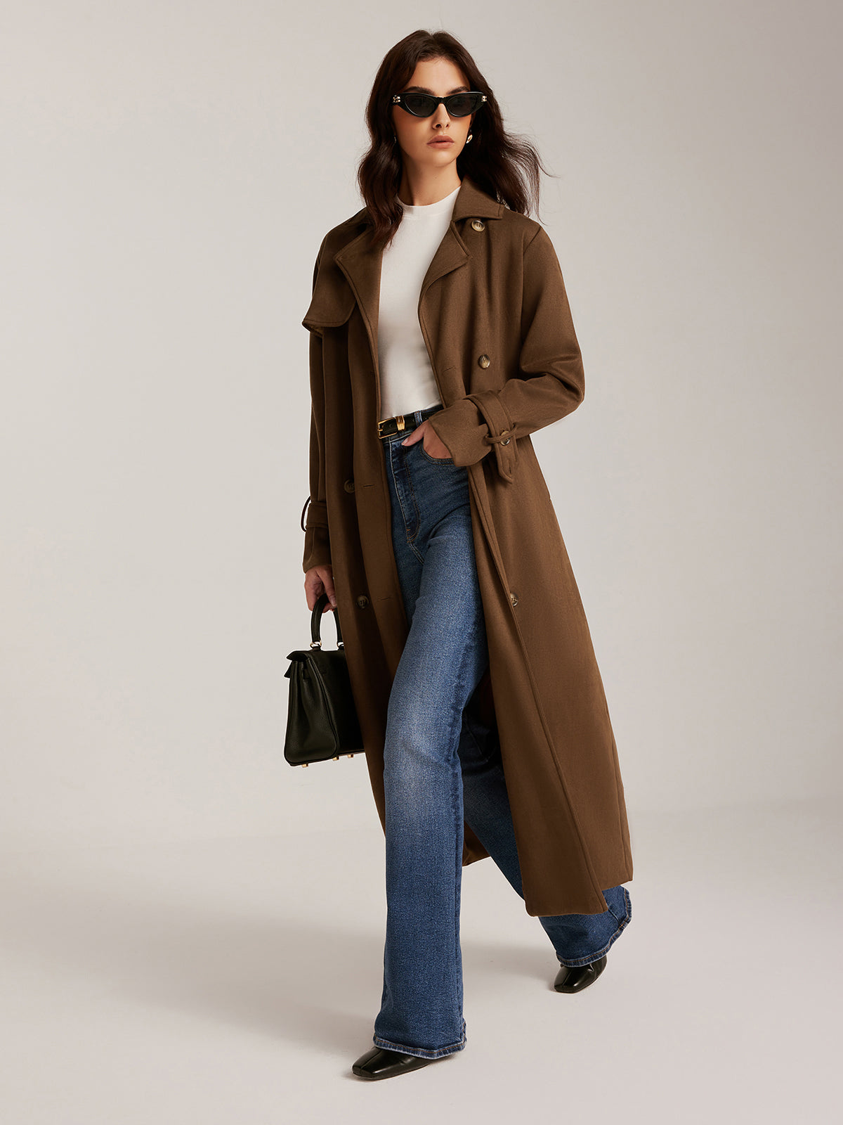 Trench-coat long à boutons et ceinture en daim 