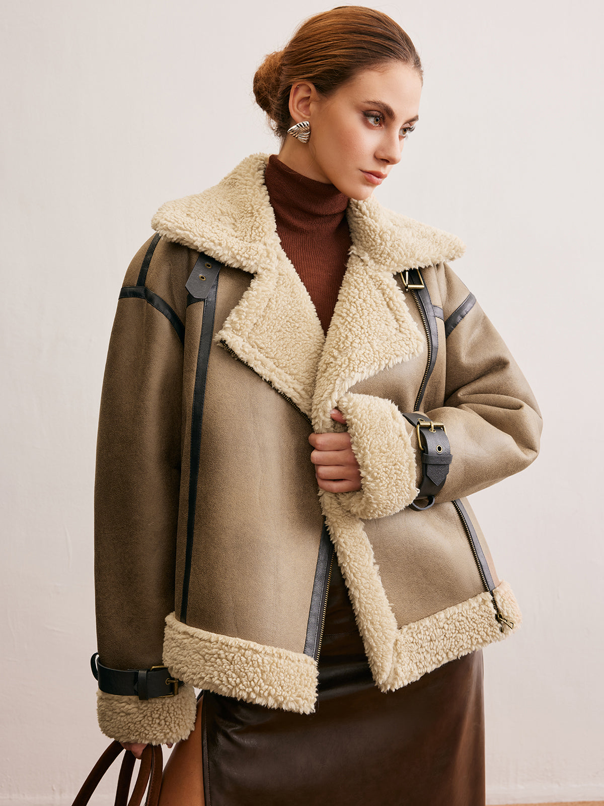 Manteau Teddy en similicuir avec fermeture éclair 